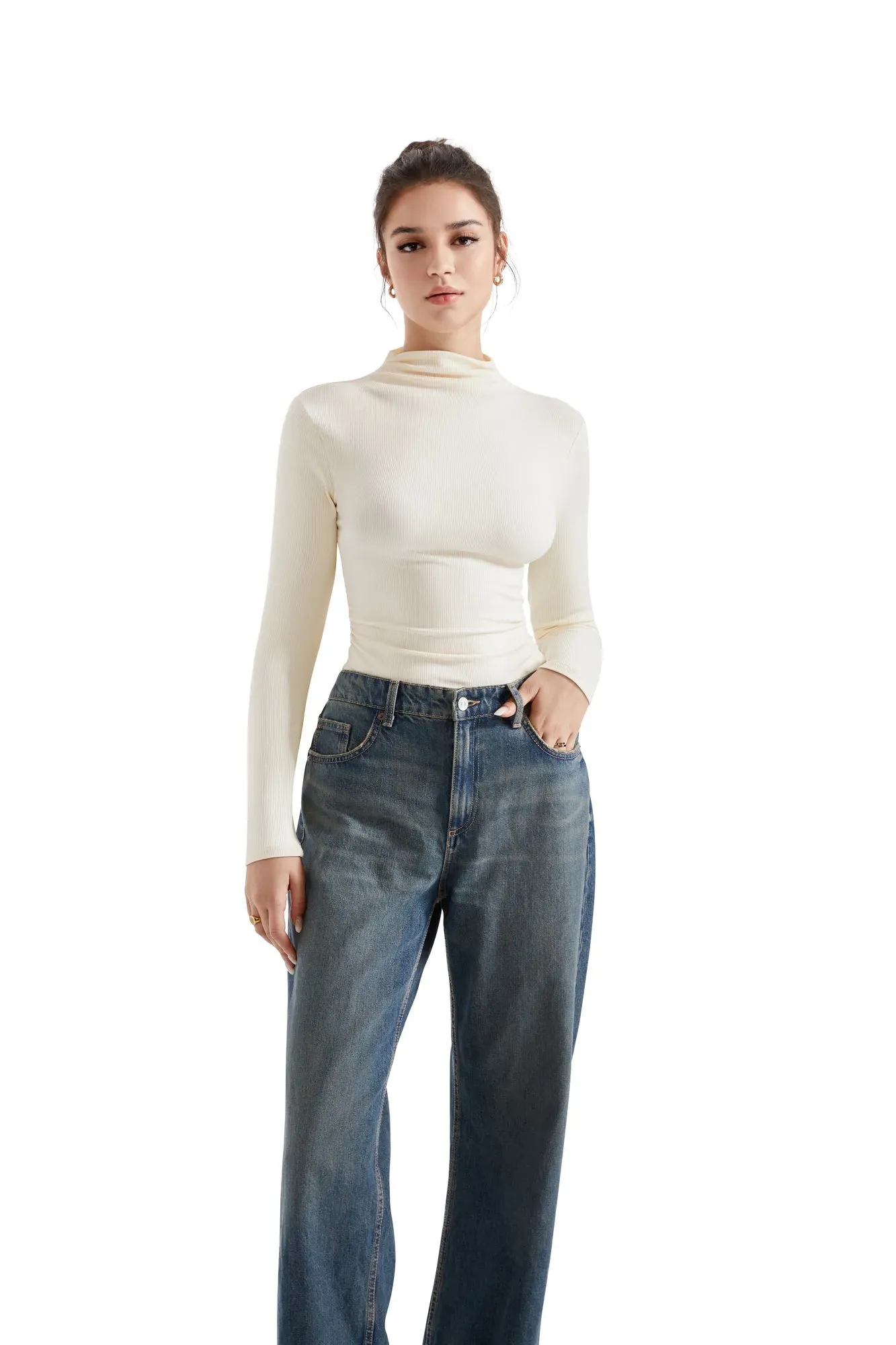 Ribbed Modal High Neck Shirt - Long Sleeve