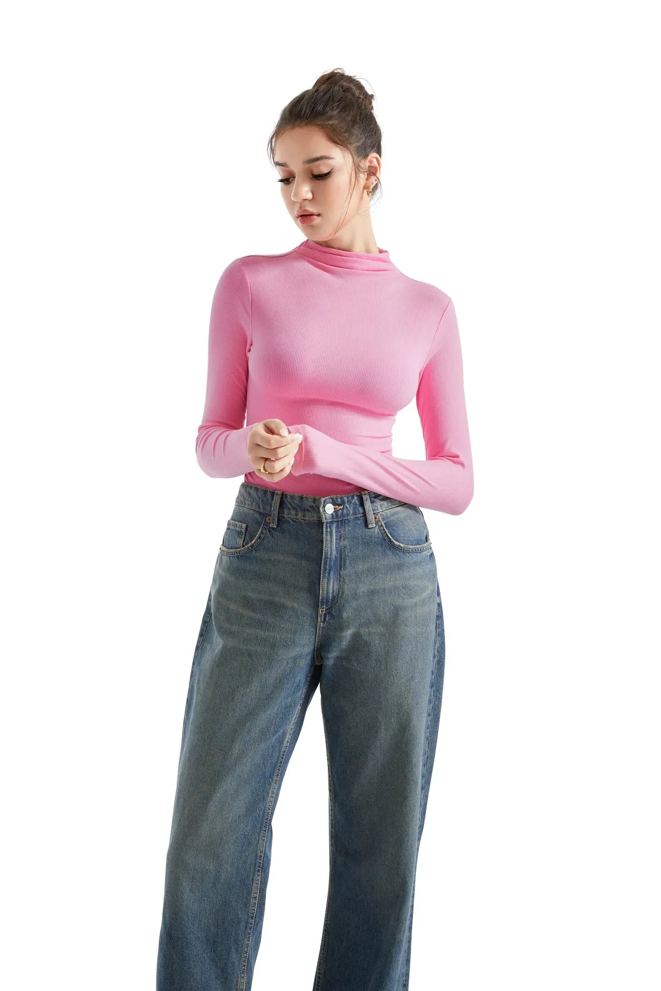 Ribbed Modal High Neck Shirt - Long Sleeve