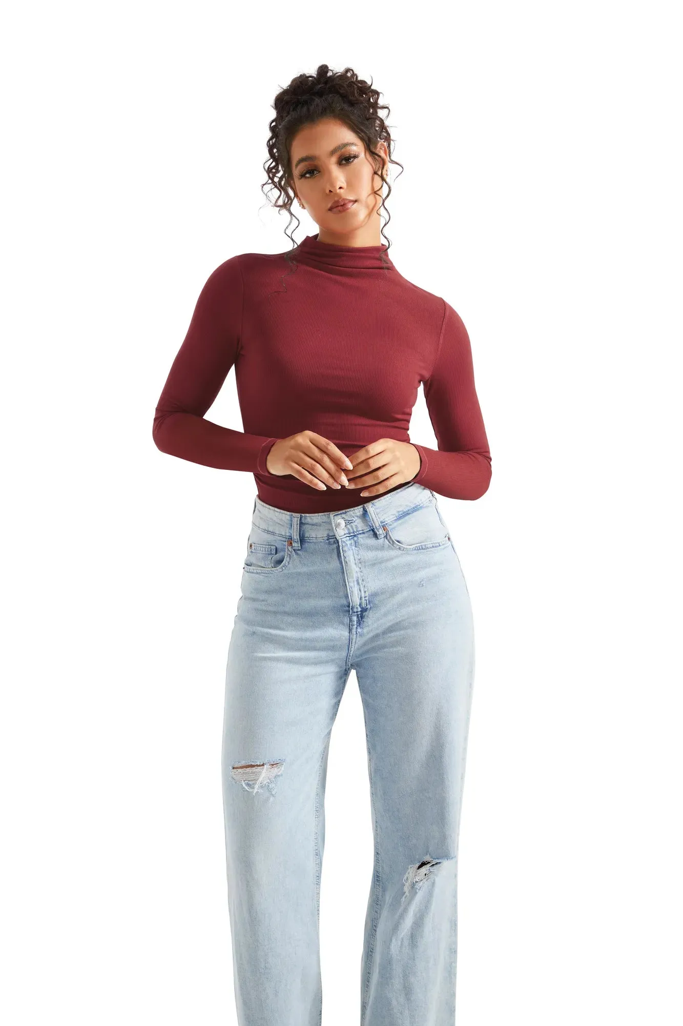 Ribbed Modal High Neck Shirt - Long Sleeve