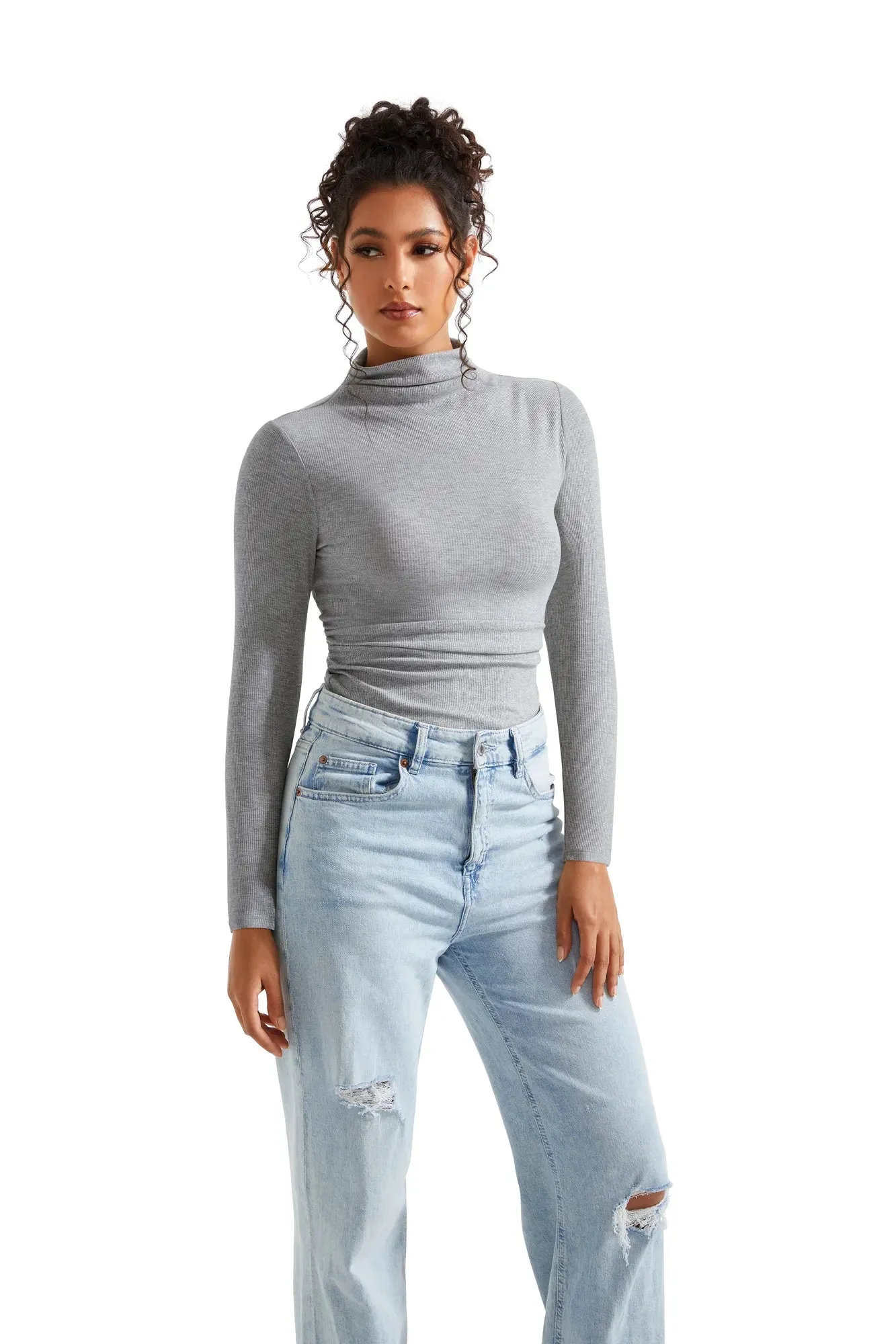 Ribbed Modal High Neck Shirt - Long Sleeve