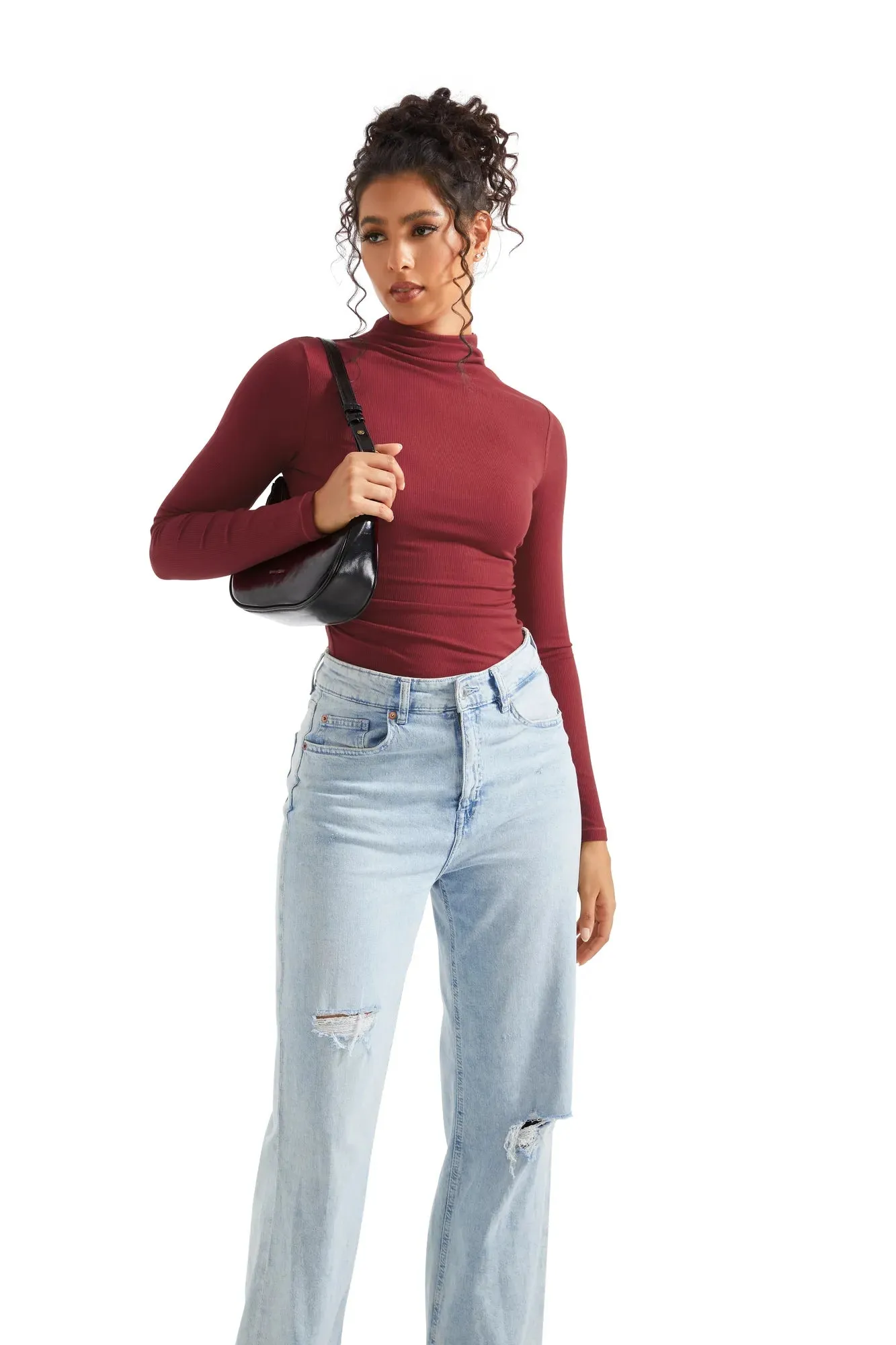 Ribbed Modal High Neck Shirt - Long Sleeve