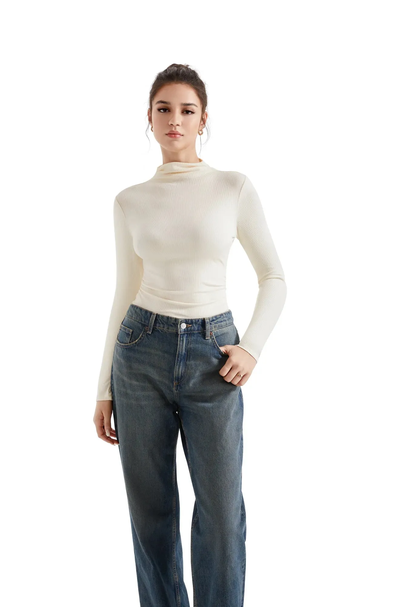 Ribbed Modal High Neck Shirt - Long Sleeve