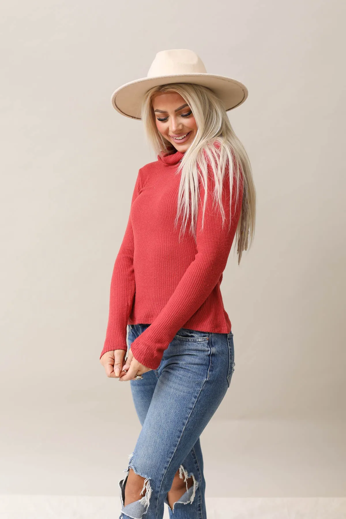 Ribbed Soft Cowl Neck Top