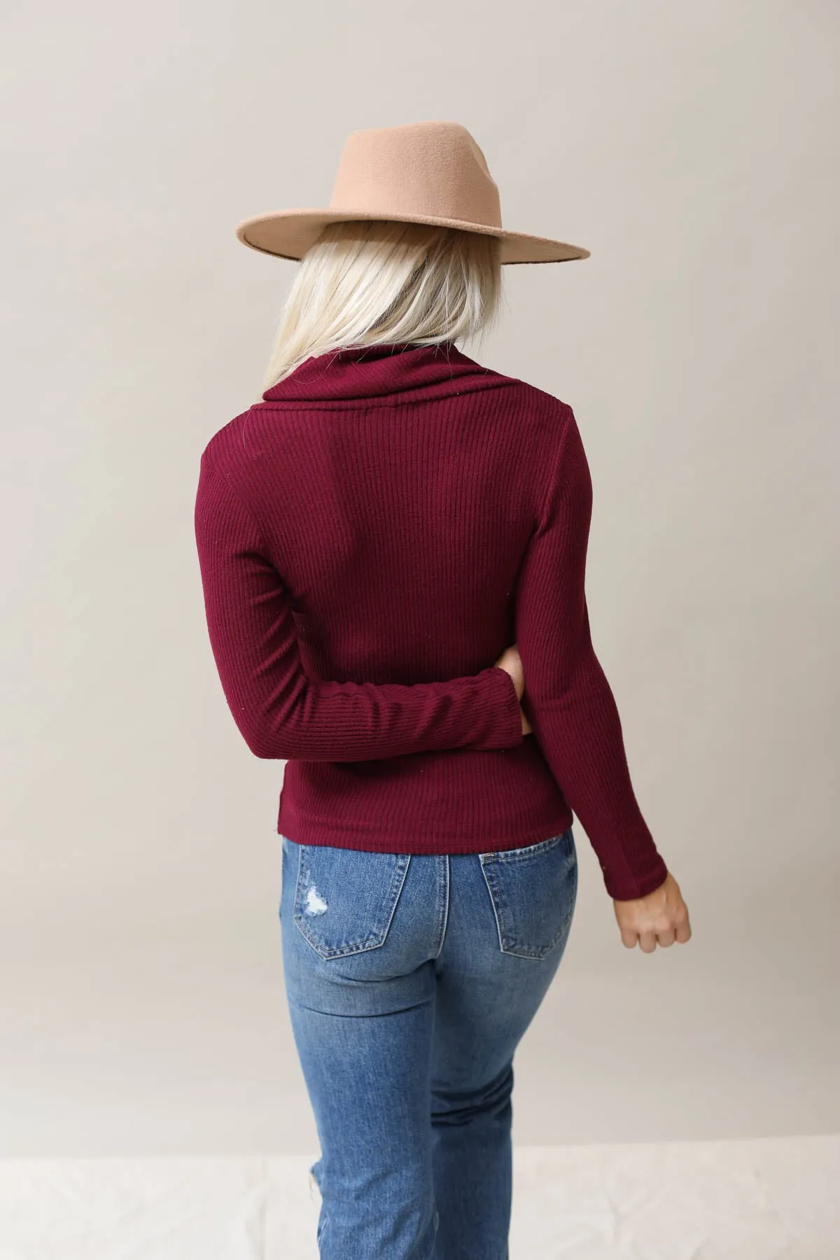 Ribbed Soft Cowl Neck Top