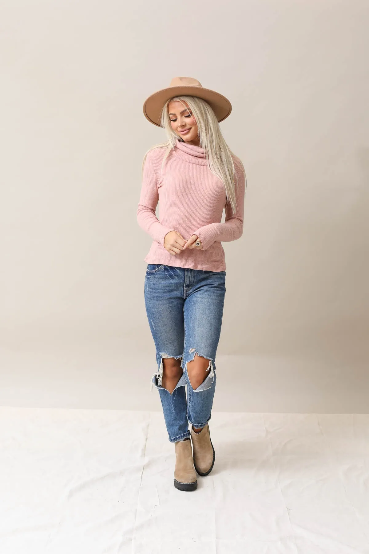 Ribbed Soft Cowl Neck Top