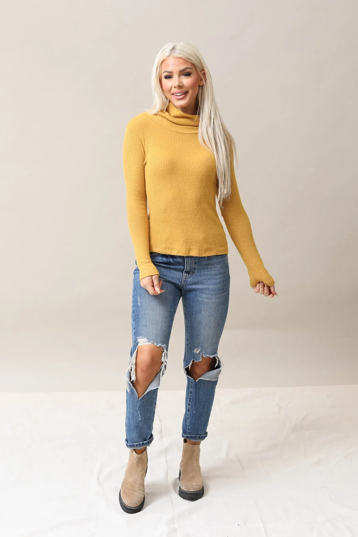 Ribbed Soft Cowl Neck Top