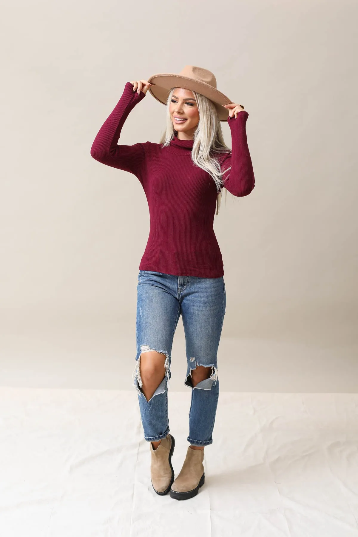 Ribbed Soft Cowl Neck Top