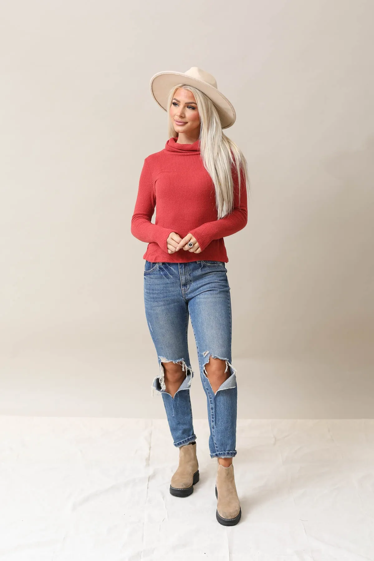 Ribbed Soft Cowl Neck Top