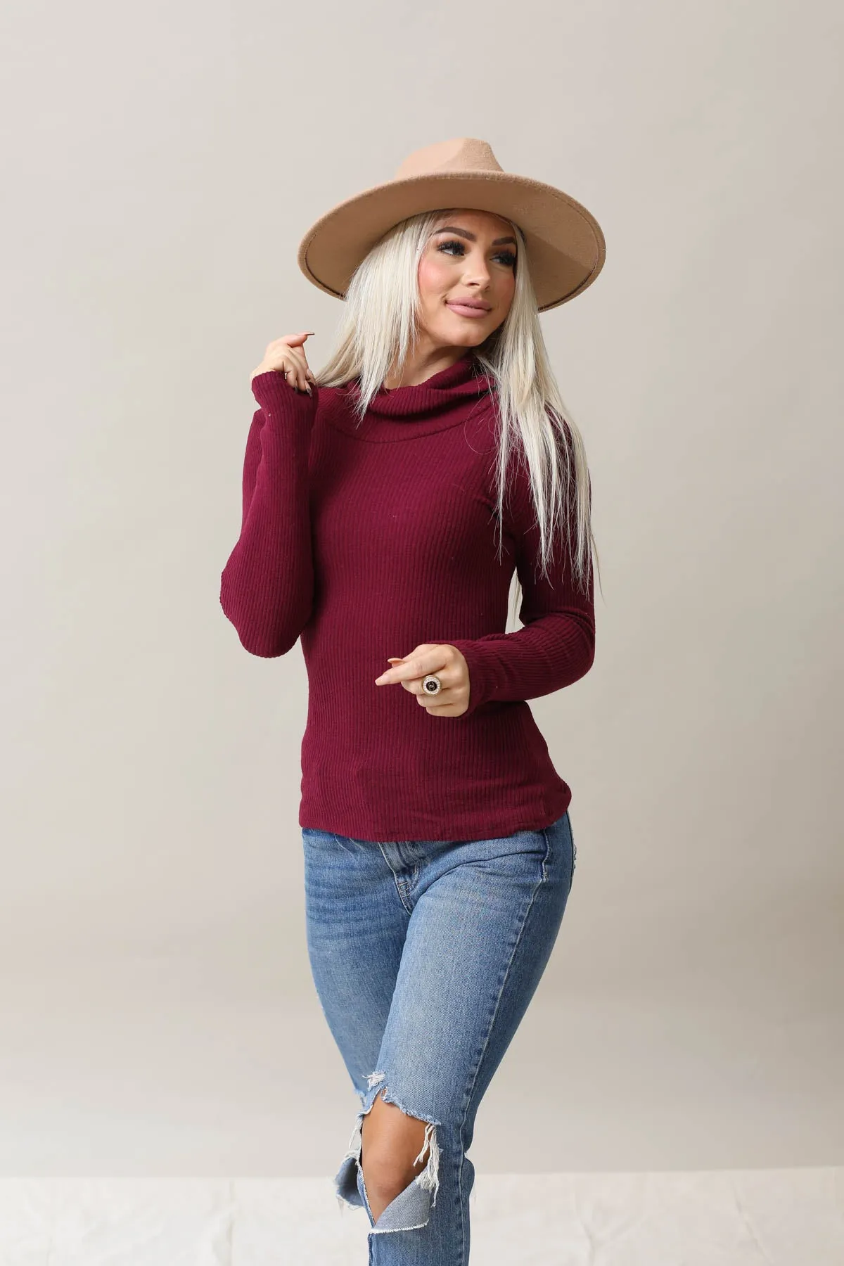 Ribbed Soft Cowl Neck Top