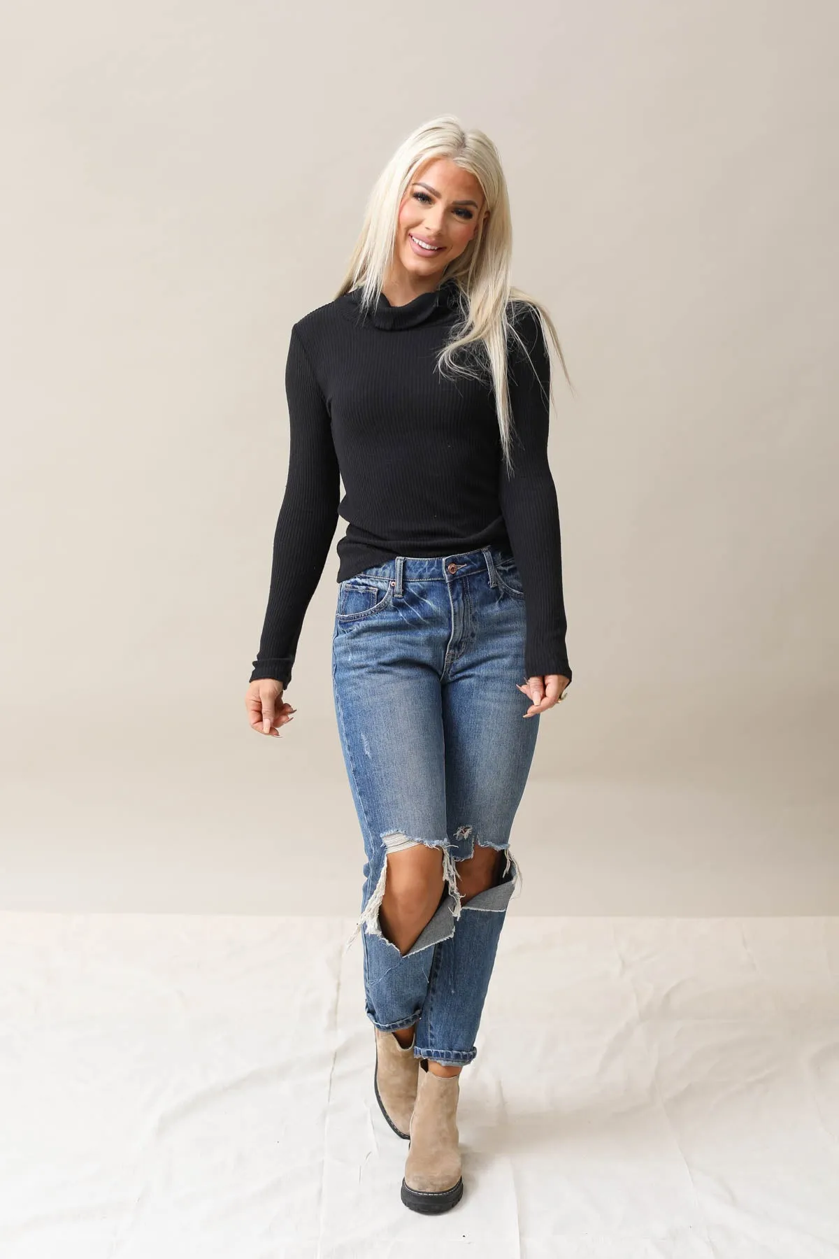 Ribbed Soft Cowl Neck Top