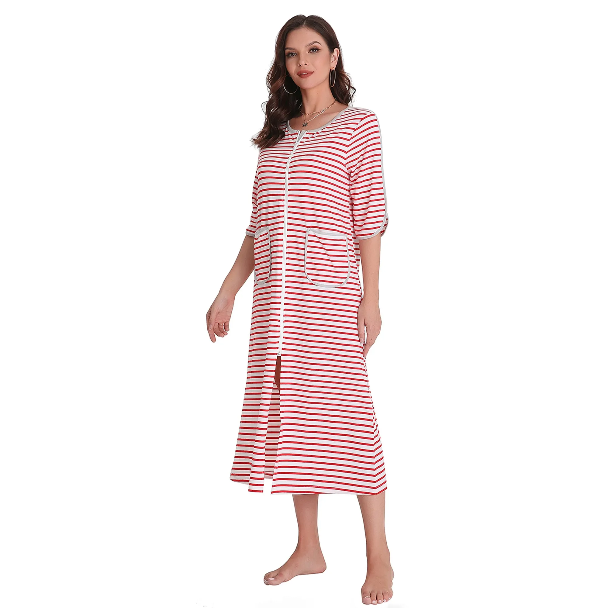 Richie House Women Zipper Robe Loungewear Plaid Sleepwear Nightgown Pockets Housecoat Long Soft Bathrobe RHW2899