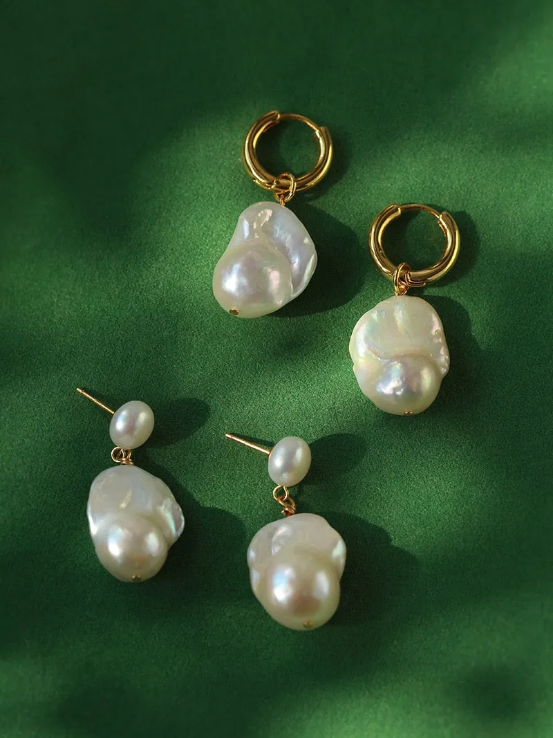 Round Hoop White Freshwater Extra Large Large Baroque Pearl Earrings