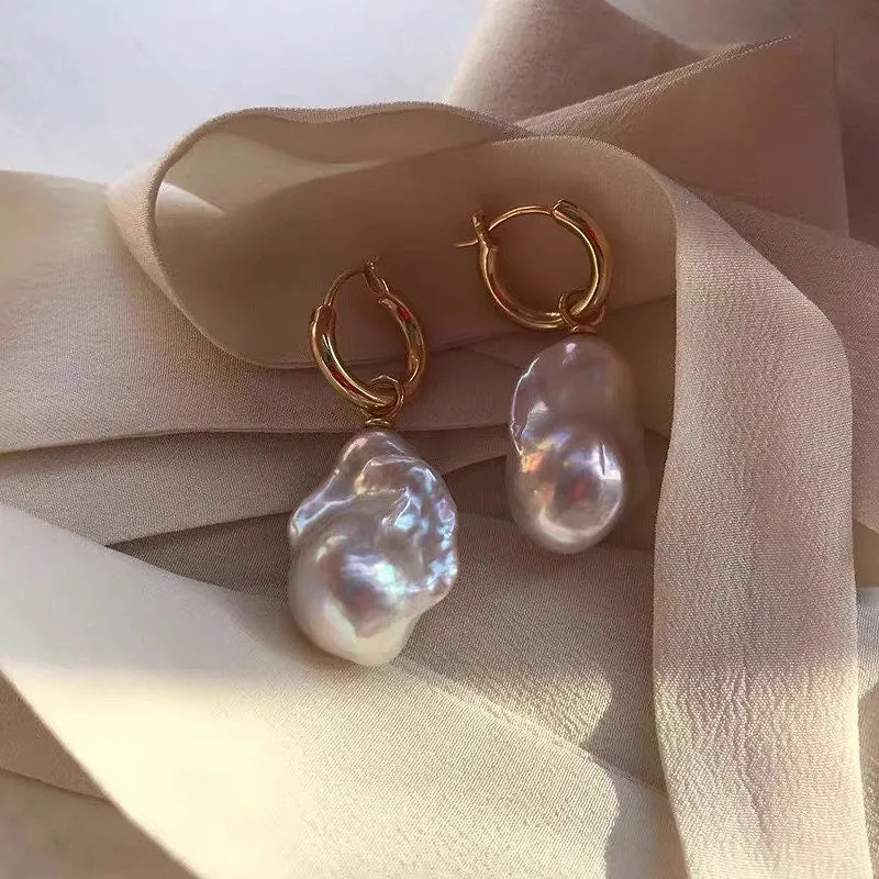 Round Hoop White Freshwater Extra Large Large Baroque Pearl Earrings