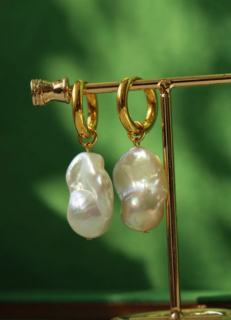 Round Hoop White Freshwater Extra Large Large Baroque Pearl Earrings