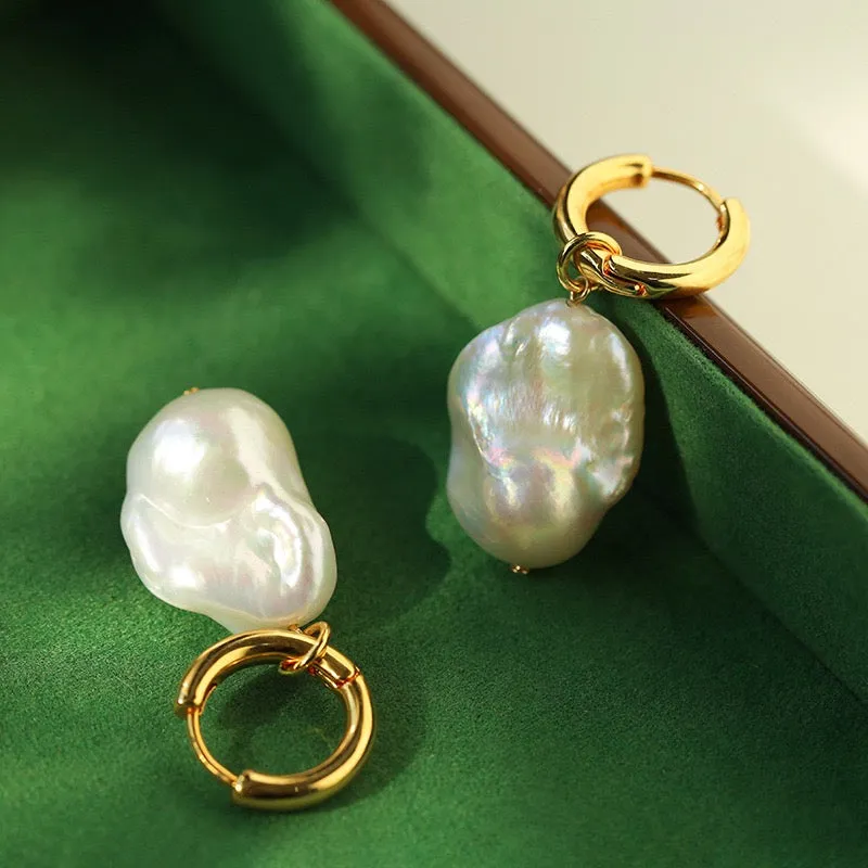 Round Hoop White Freshwater Extra Large Large Baroque Pearl Earrings