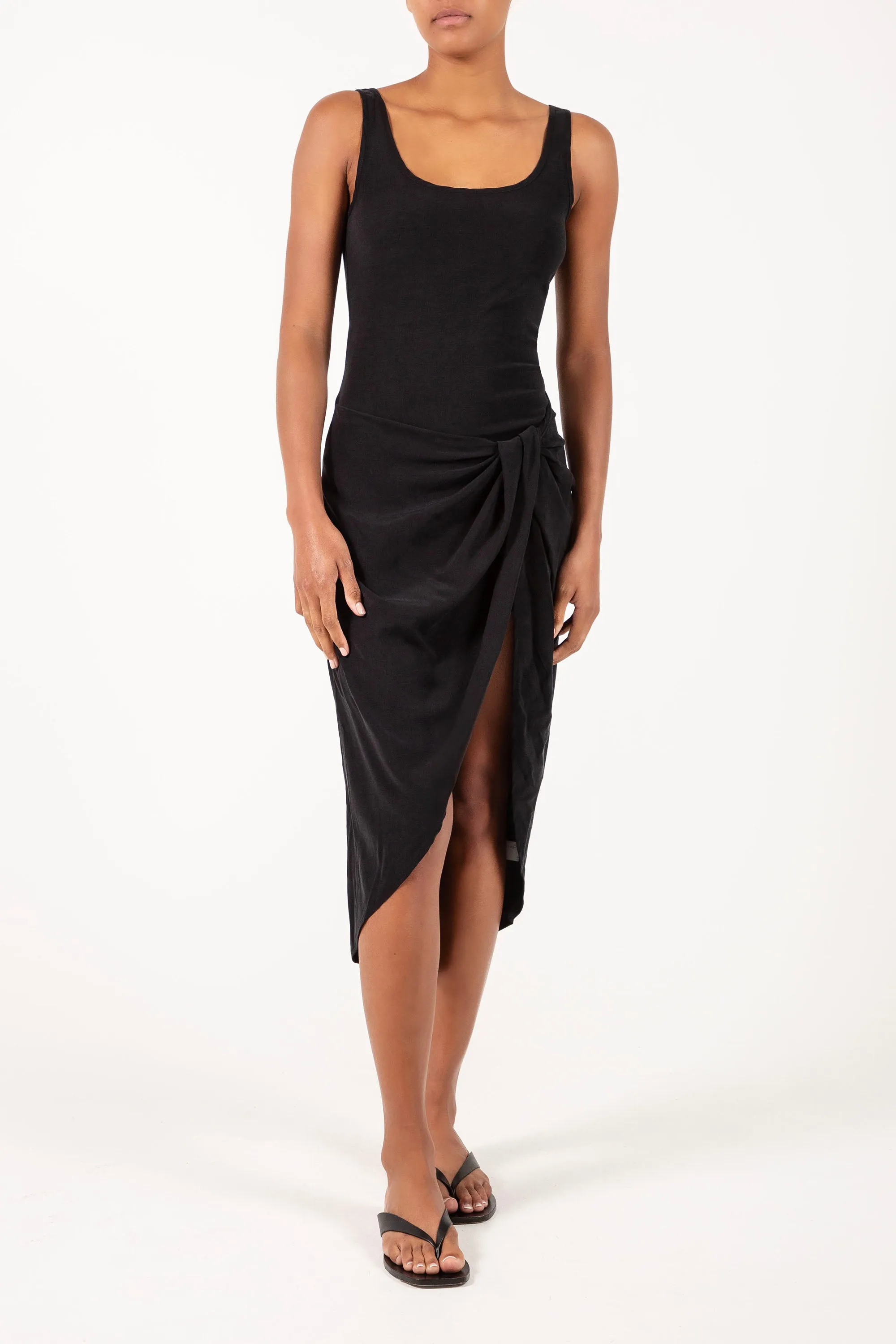 Selene Drop Waist Drape Midi Dress in Stretch Cupro