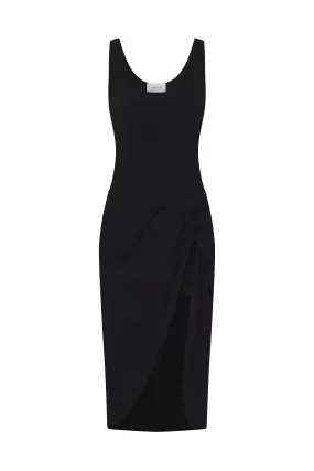 Selene Drop Waist Drape Midi Dress in Stretch Cupro