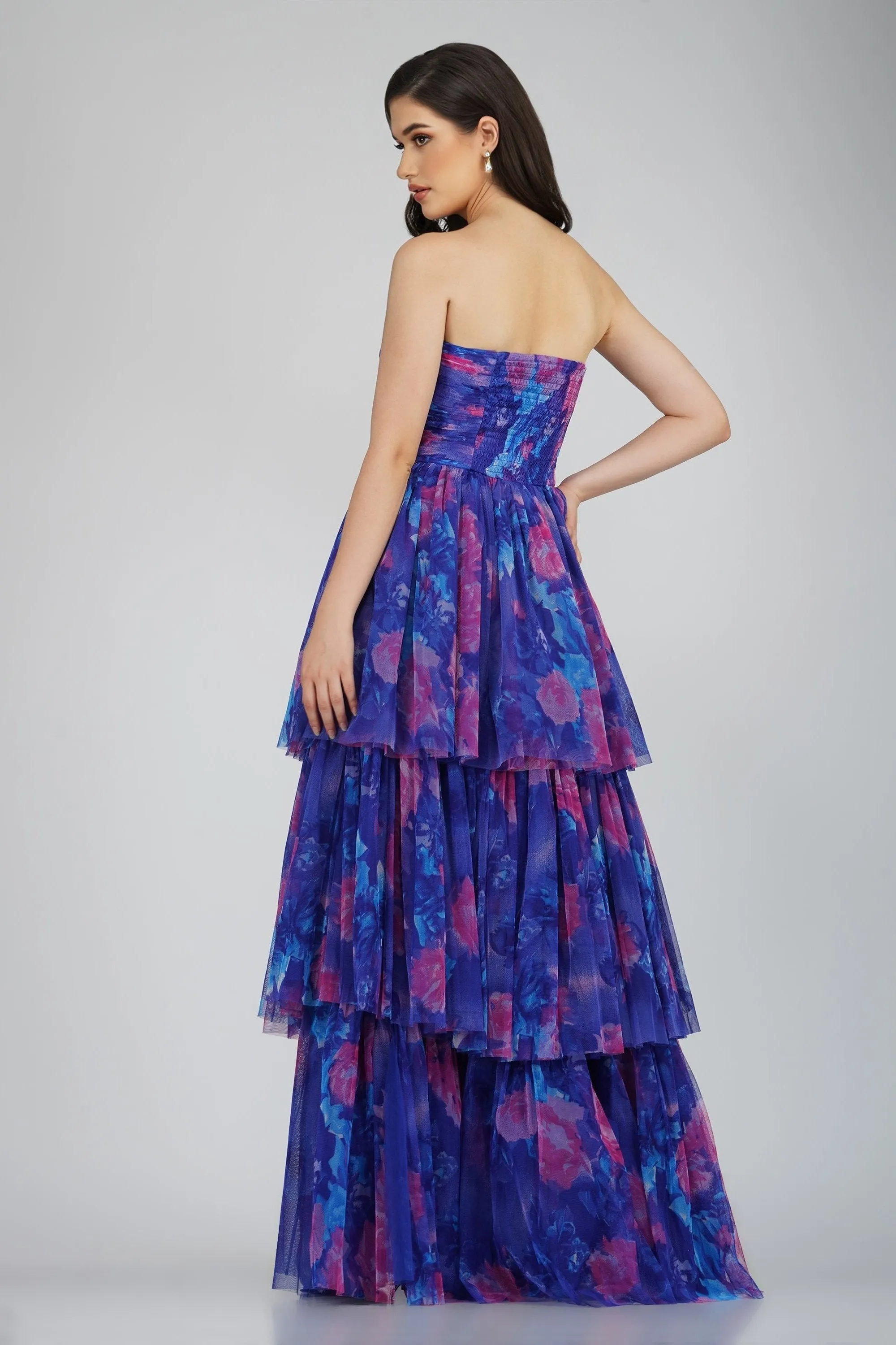 Shiloh High Low Tulle Dress in Blue Print