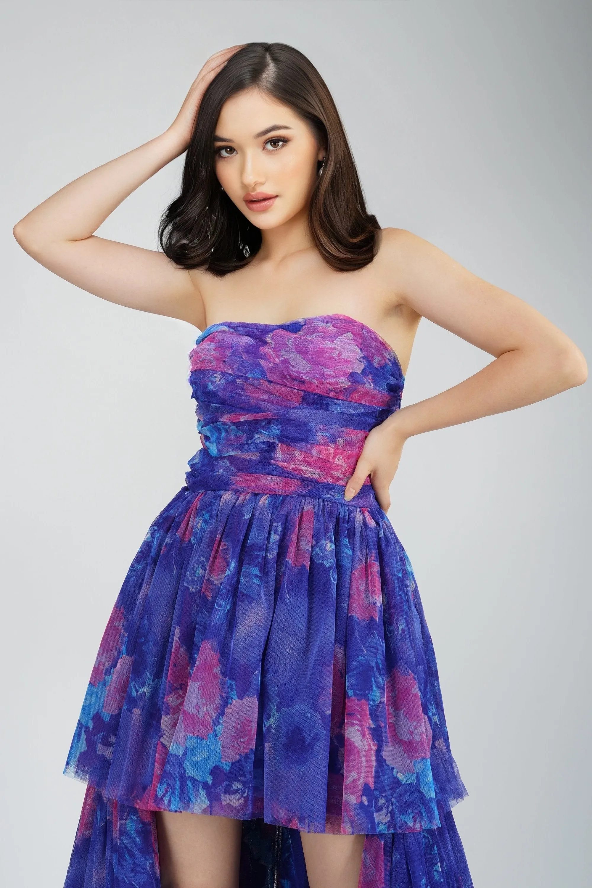 Shiloh High Low Tulle Dress in Blue Print