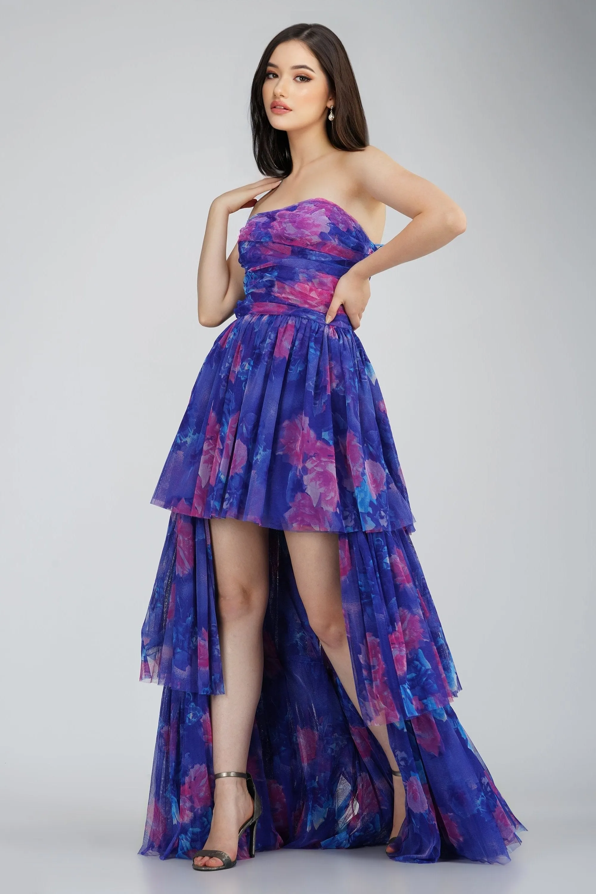 Shiloh High Low Tulle Dress in Blue Print