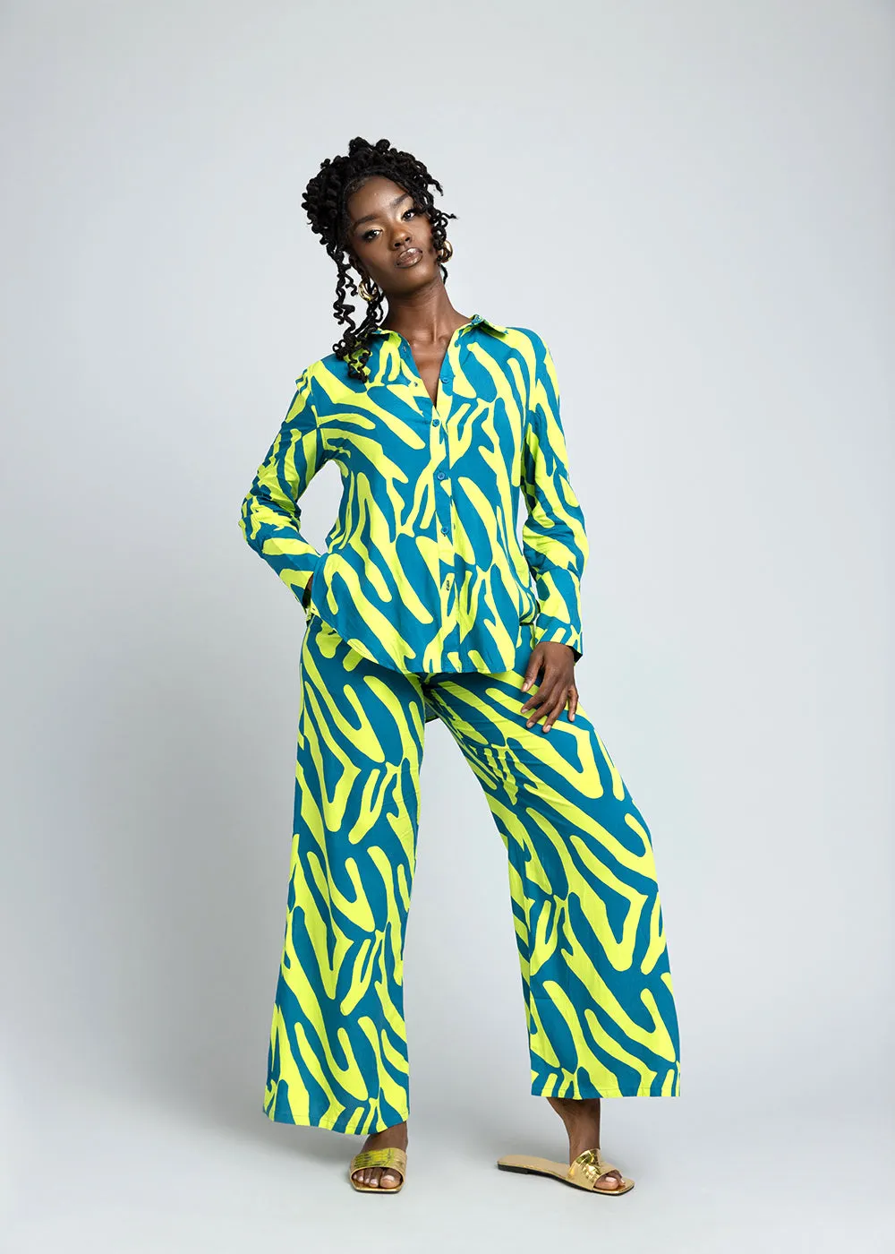 Sika Women's African Print Wide Leg Pants (Lime Zebra Abstract)