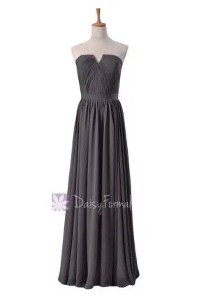 Slate Gray Chiffon Bridesmaid Dress Floor Length Evening Dress W/Inserted V-Neck(BM10823L)