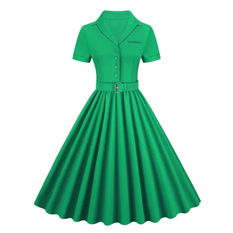 Solid Cotton Button Up Plain Vintage Dress, Short Sleeve Belted Pleated Midi Swing Retro Dress