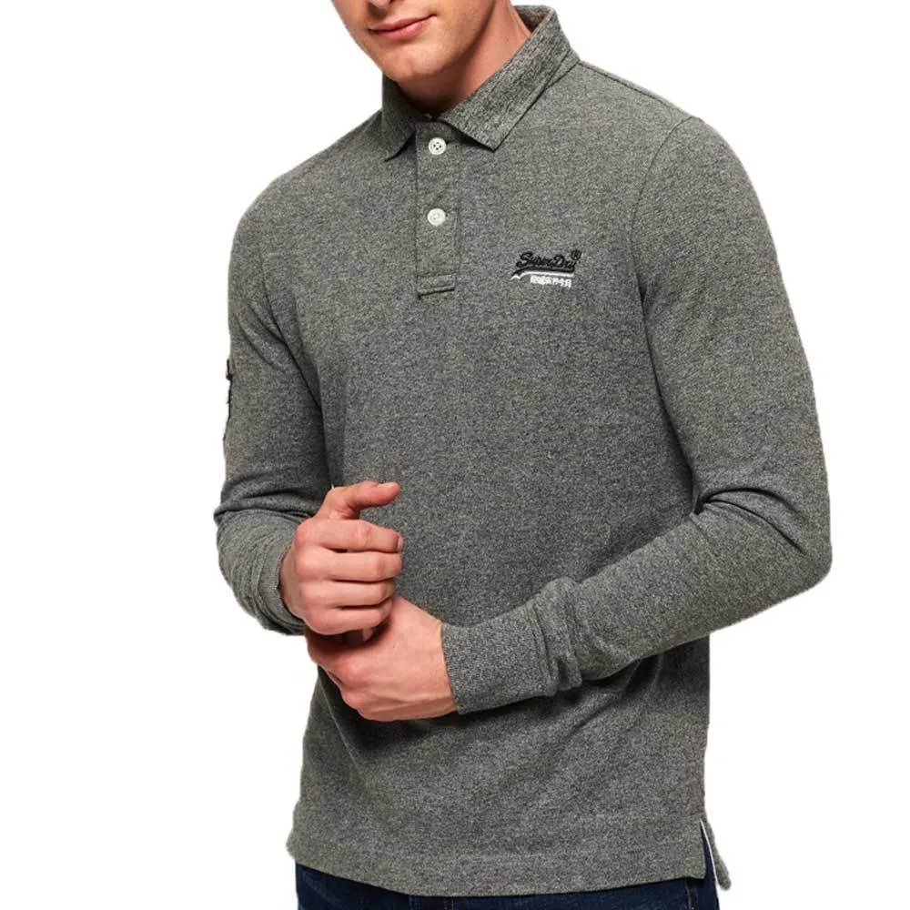 Superdry Classic Long Sleeve Pique Polo Shirt -  Hammer Grey Grit