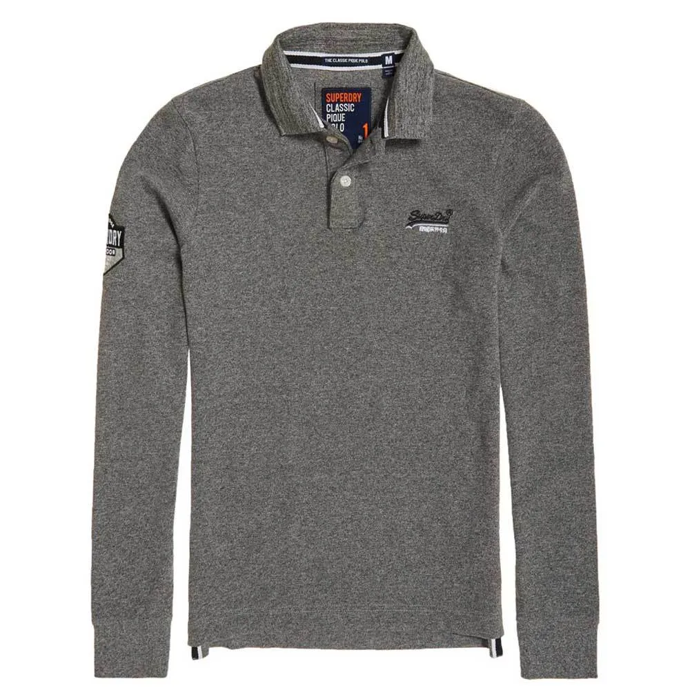 Superdry Classic Long Sleeve Pique Polo Shirt -  Hammer Grey Grit