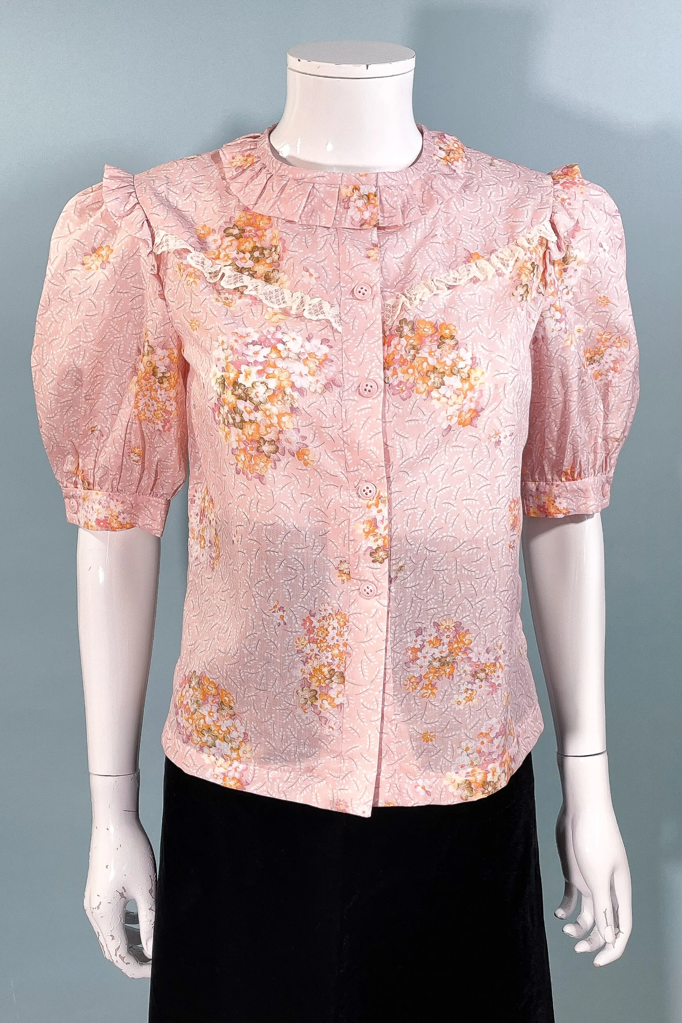 Sweet 70s Vintage Pink Floral 20s/30s Style Puff Sleeve Blouse, School Girl Style