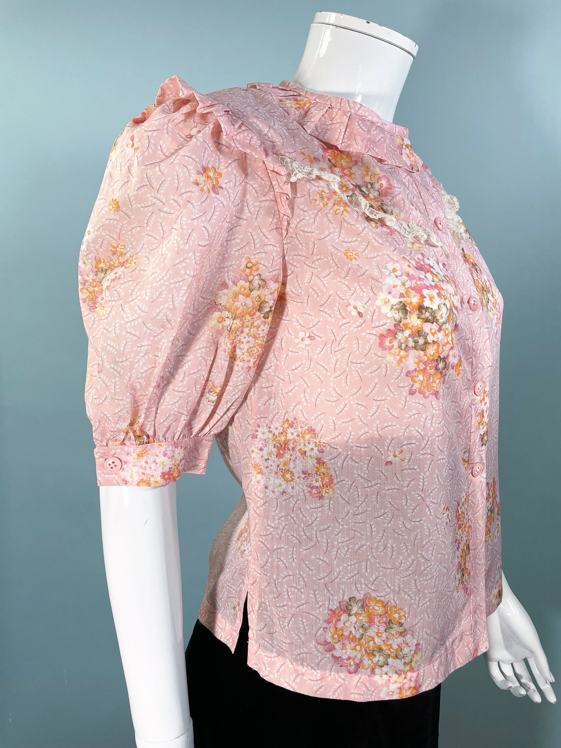 Sweet 70s Vintage Pink Floral 20s/30s Style Puff Sleeve Blouse, School Girl Style