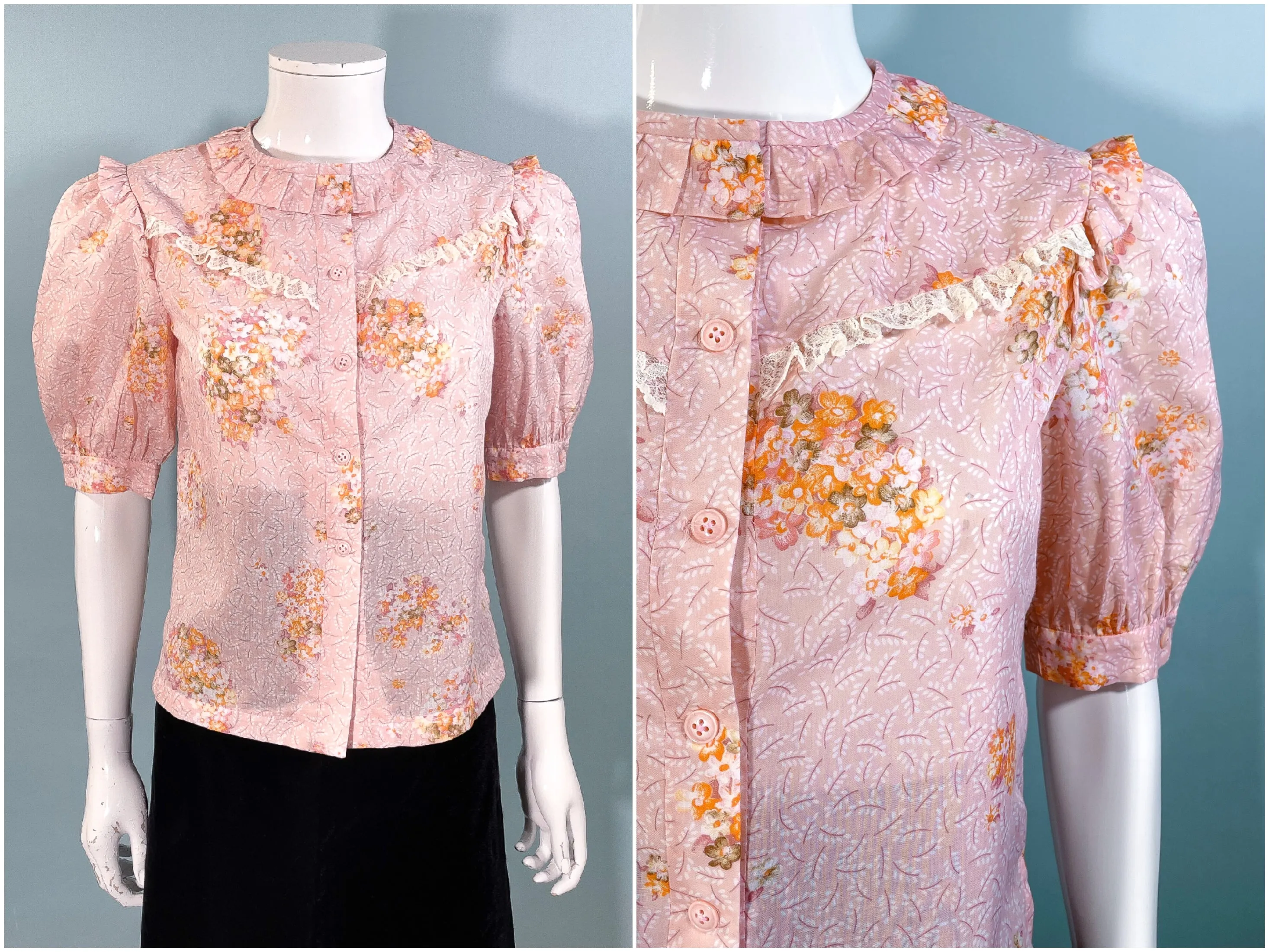 Sweet 70s Vintage Pink Floral 20s/30s Style Puff Sleeve Blouse, School Girl Style