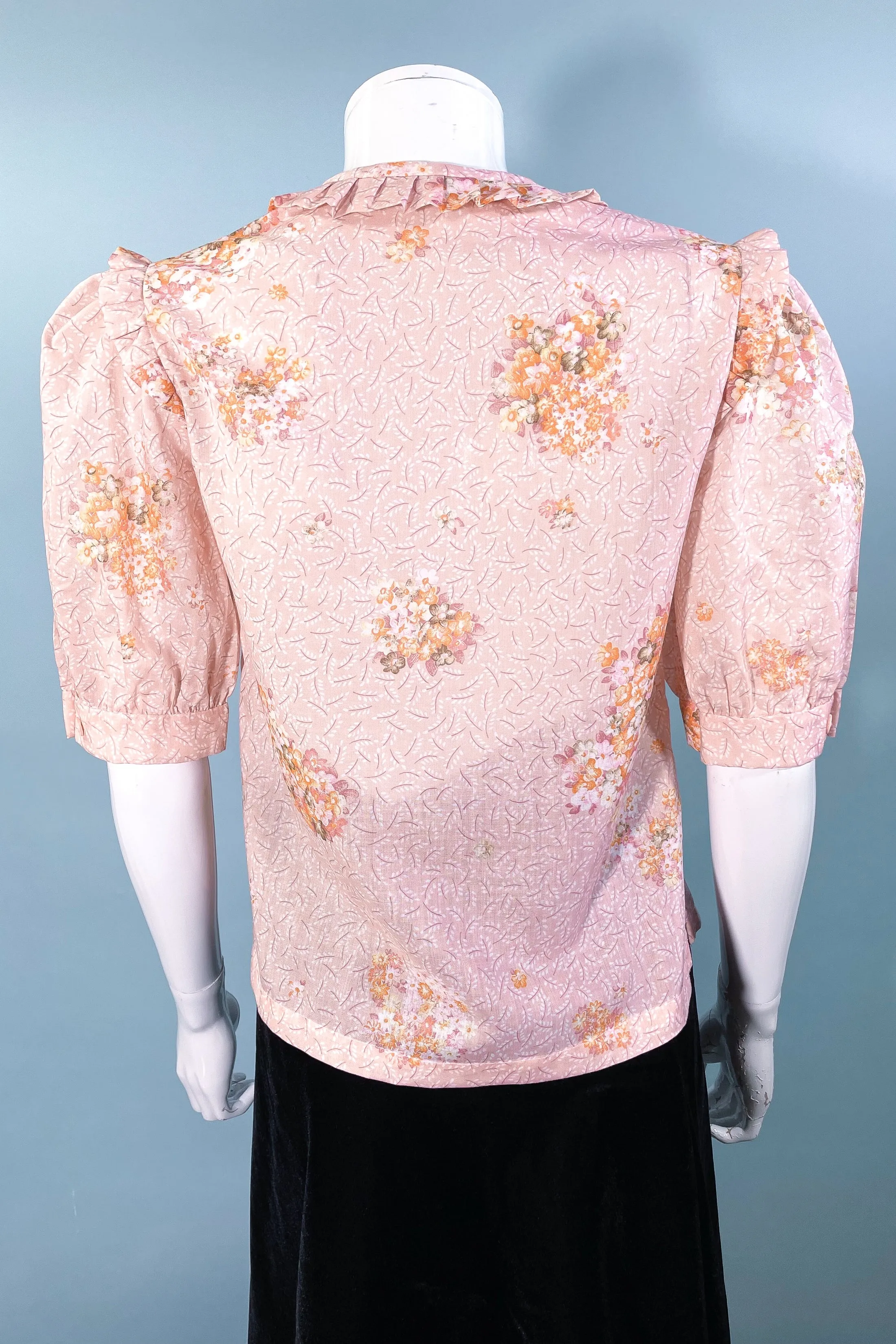 Sweet 70s Vintage Pink Floral 20s/30s Style Puff Sleeve Blouse, School Girl Style