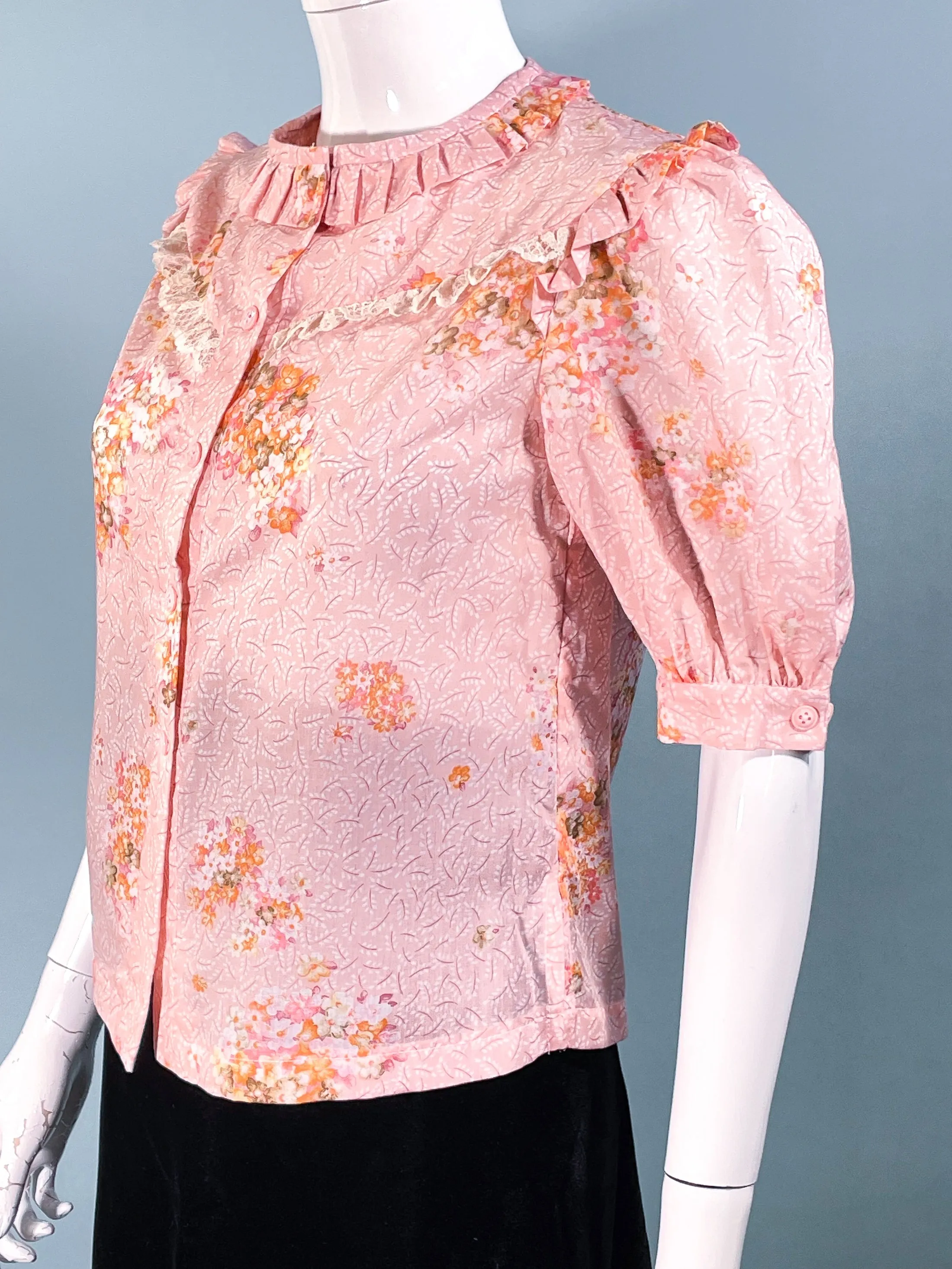 Sweet 70s Vintage Pink Floral 20s/30s Style Puff Sleeve Blouse, School Girl Style