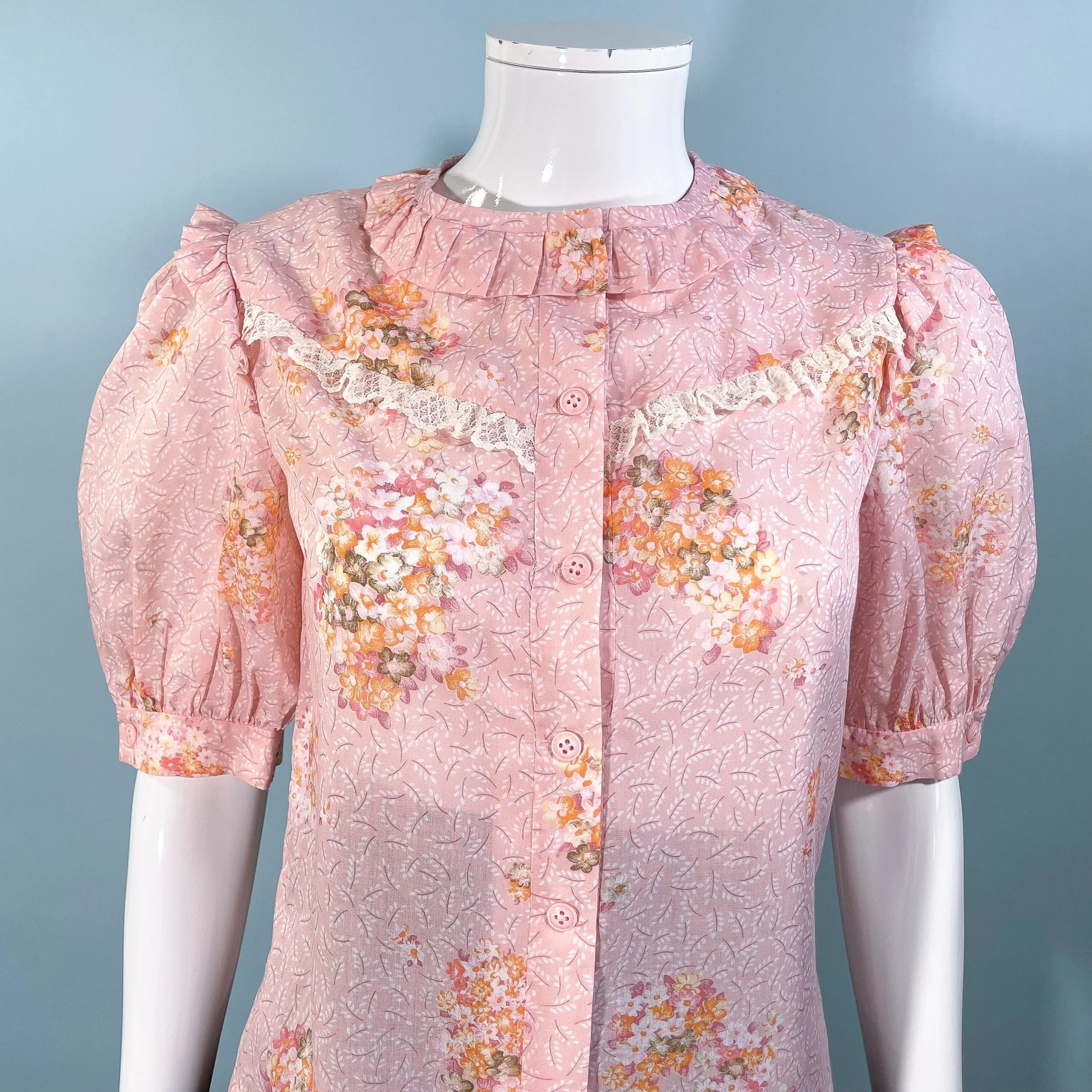 Sweet 70s Vintage Pink Floral 20s/30s Style Puff Sleeve Blouse, School Girl Style