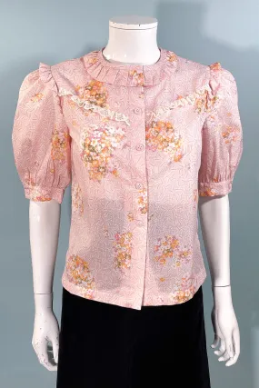 Sweet 70s Vintage Pink Floral 20s/30s Style Puff Sleeve Blouse, School Girl Style