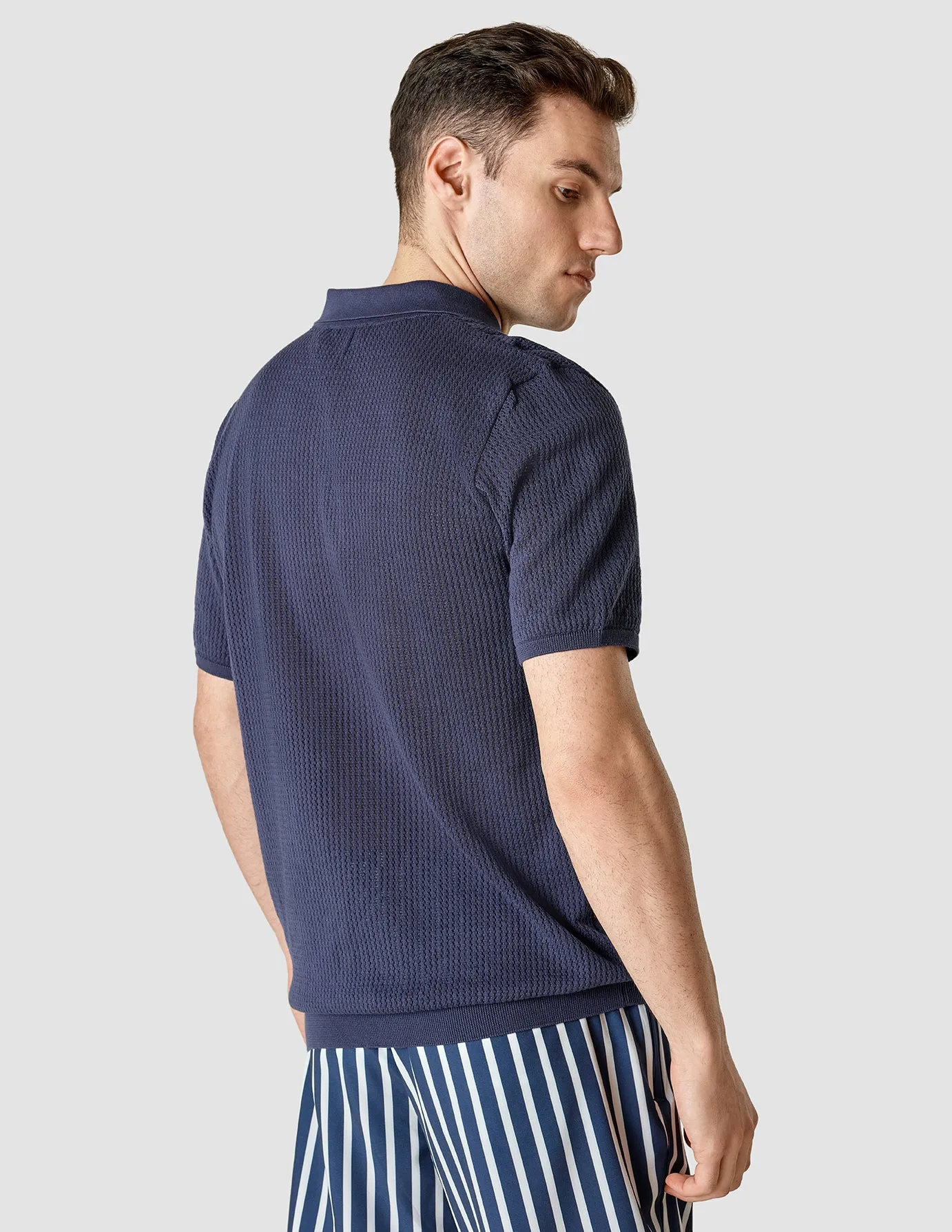 Textured Knitted Short Sleeve Polo Shirt Navy