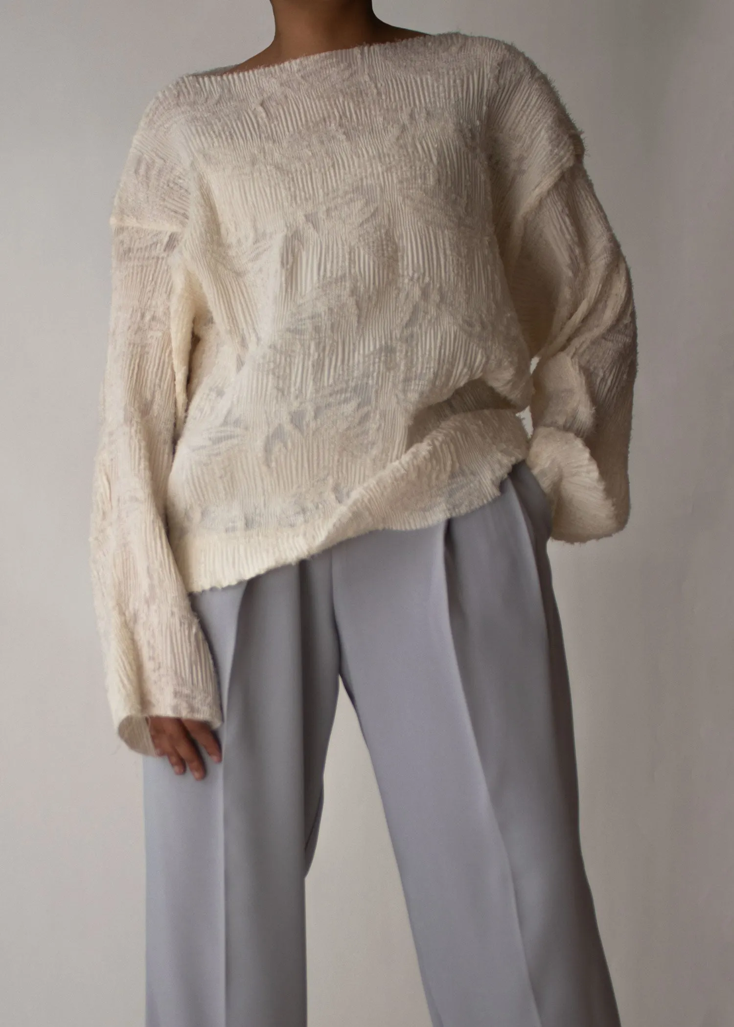 Textured Plissé Boat Neck Blouse in Ivory