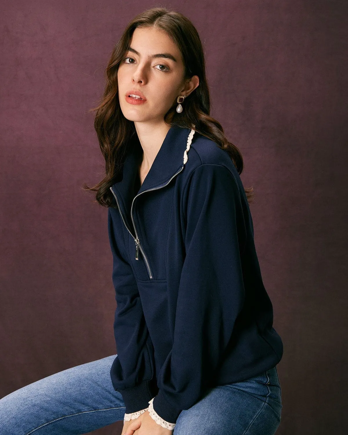 The Navy Stand Collar Half Zipper Sweatshirt