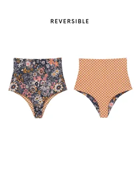 The Reversible High-Rise Brief. -- Navy Heirloom Floral and Sunset Check