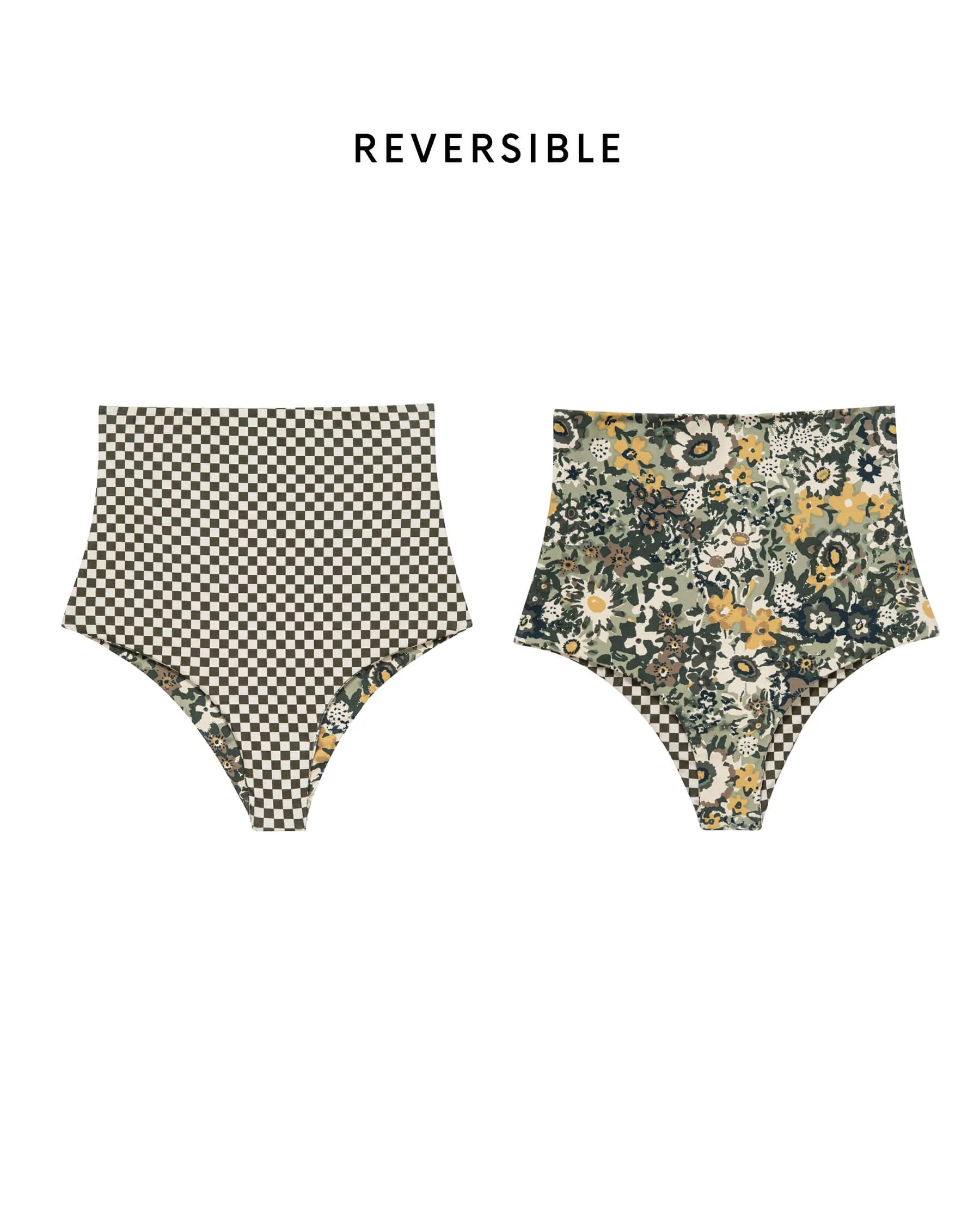 The Reversible High-Rise Brief. -- Seaglass Heirloom Floral and Light Army Check