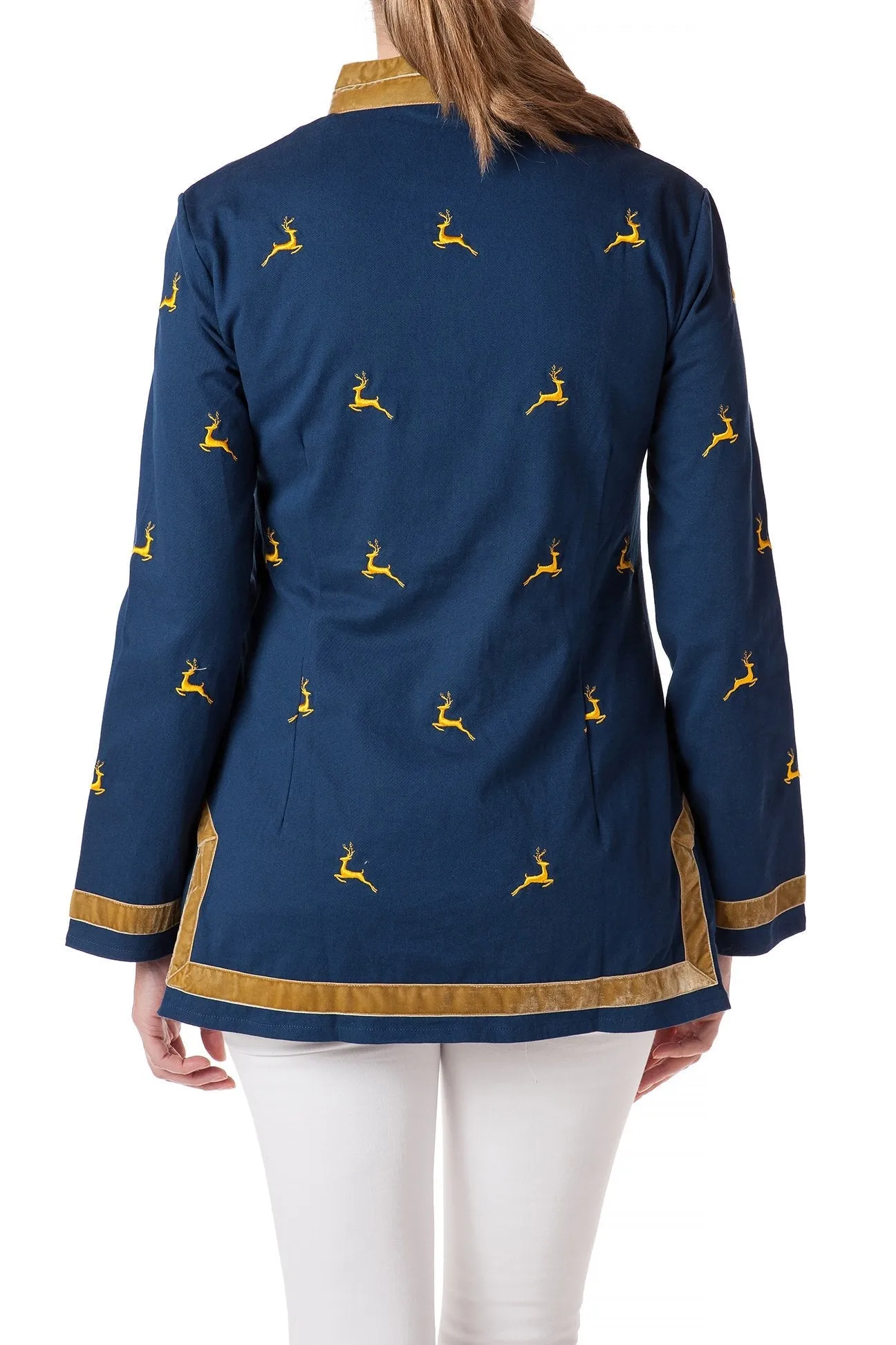 Tunic Top Stretch Twill Nantucket Navy with Leaping Reindeer