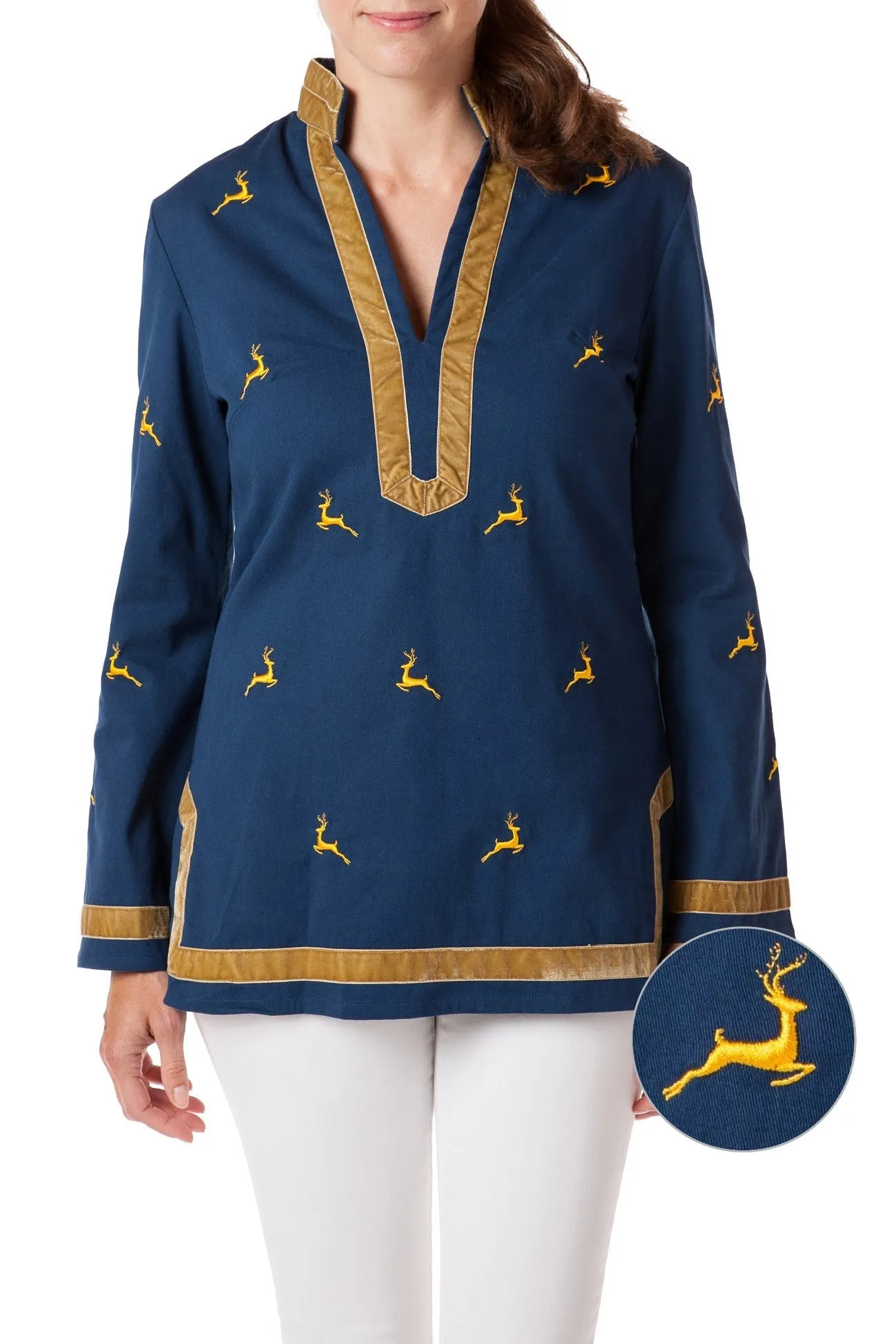 Tunic Top Stretch Twill Nantucket Navy with Leaping Reindeer