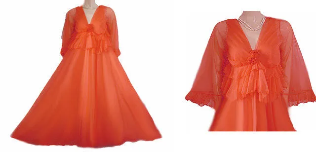 *VINTAGE DOUBLE NYLON PEIGNOIR & NIGHTGOWN 19 FEET GRAND SWEEP SET ADORNED WITH FABRIC ROSES IN RARE SHADE OF TANGERINE