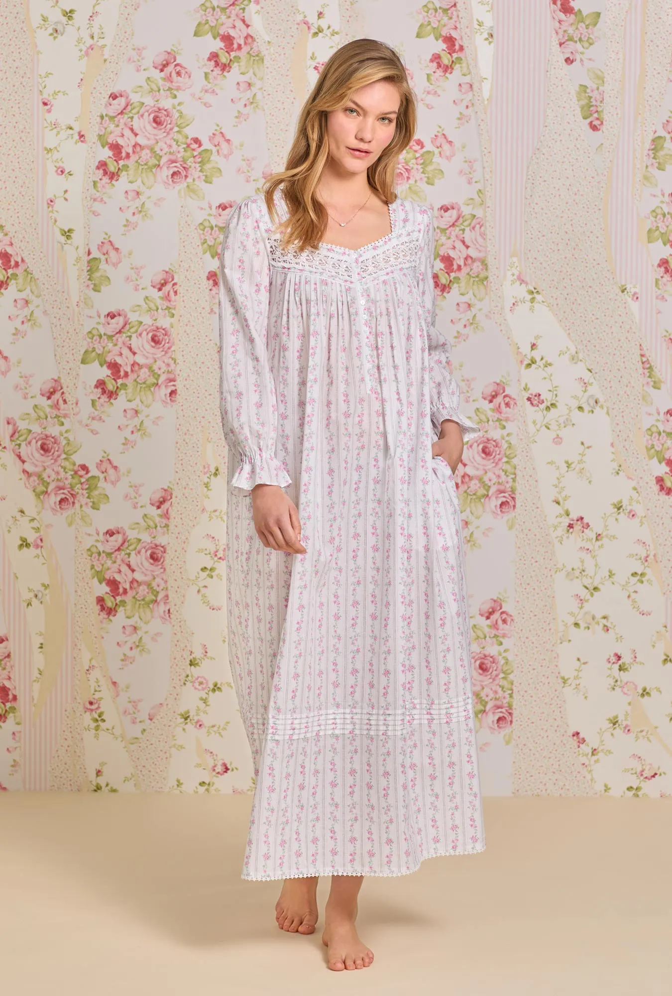 Vintage Floral Stripe " Eileen" Long Sleeve Cotton Nightgown