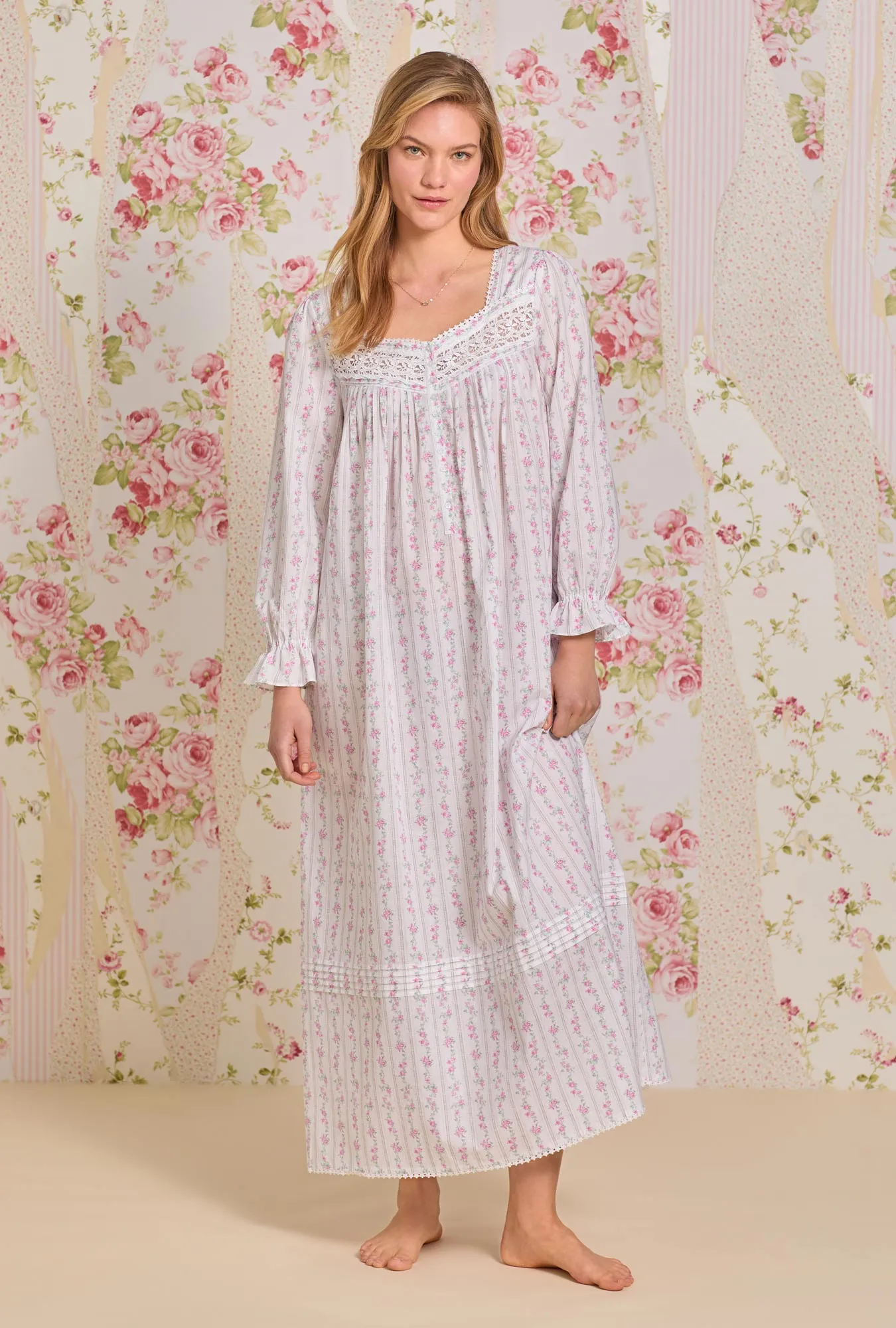 Vintage Floral Stripe " Eileen" Long Sleeve Cotton Nightgown