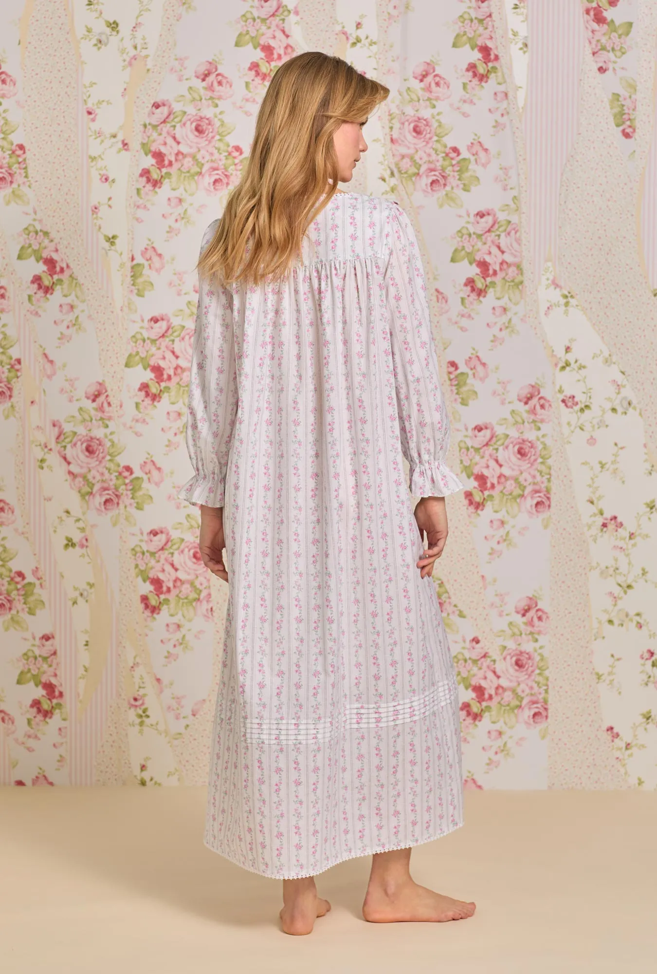 Vintage Floral Stripe " Eileen" Long Sleeve Cotton Nightgown