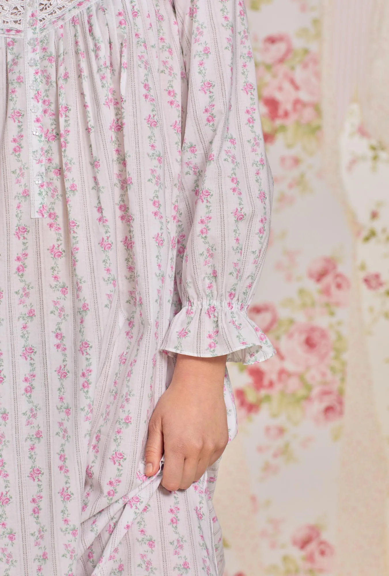 Vintage Floral Stripe " Eileen" Long Sleeve Cotton Nightgown