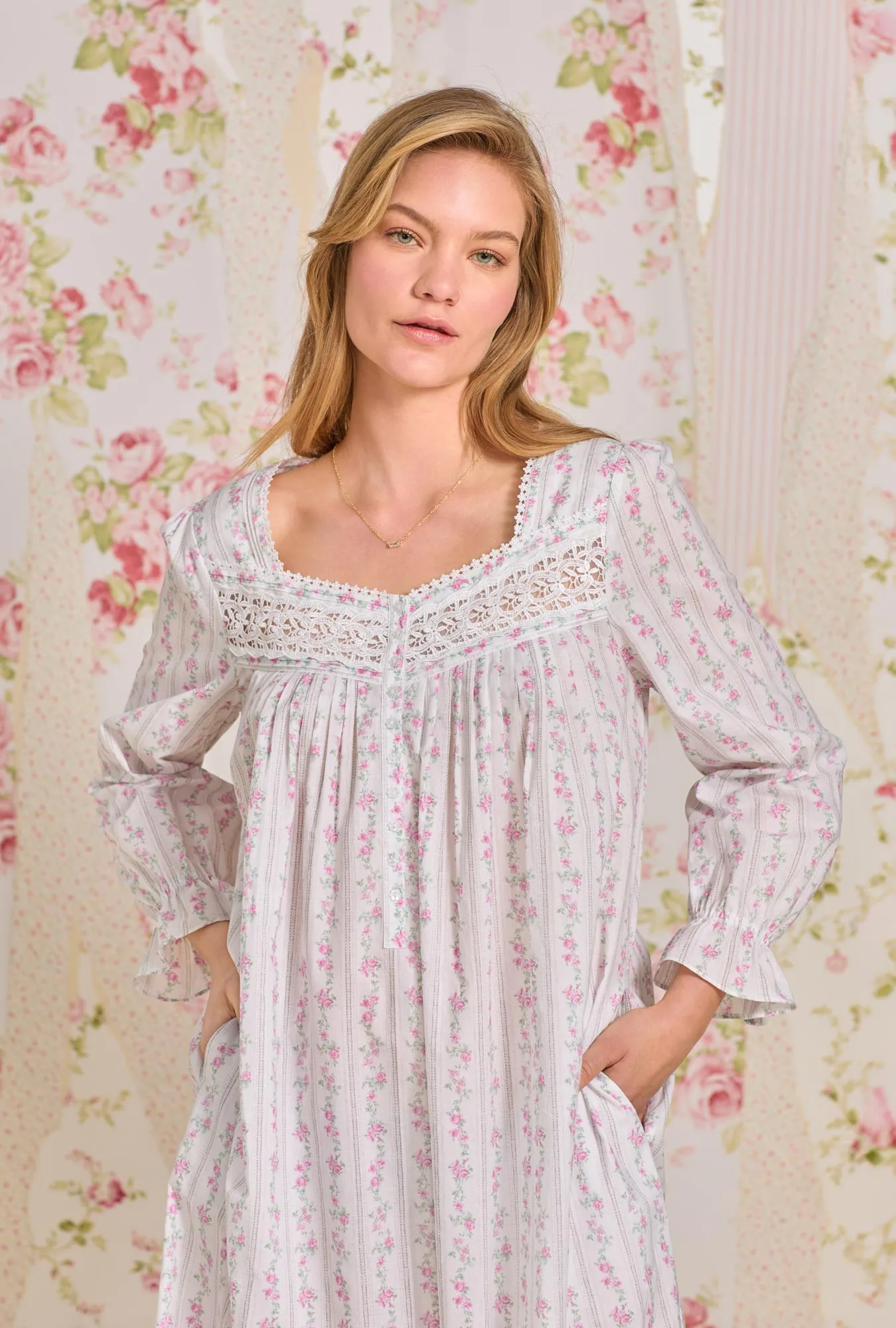 Vintage Floral Stripe " Eileen" Long Sleeve Cotton Nightgown