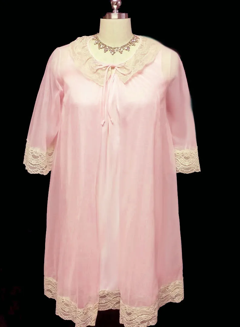 *VINTAGE GILEAD BRIDAL TROUSSEAU DOUBLE NYLON NIGHTGOWN & PEIGNOIR SET IN SUGARED GUMDROP